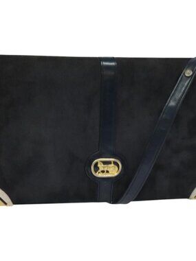 Authentic CELINE Shoulder Bag Suede Navy Gold